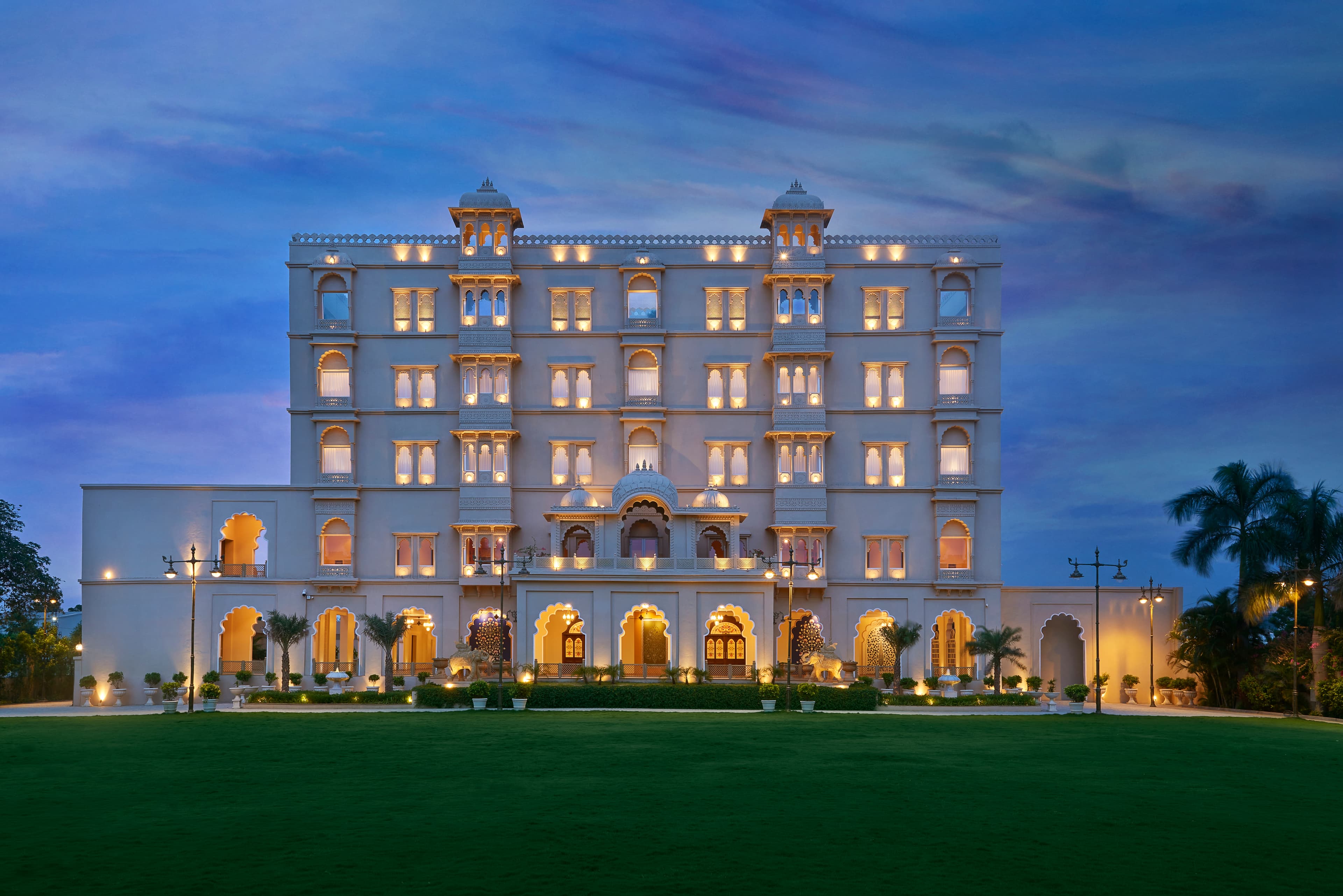 Grand palace illuminated at twilight